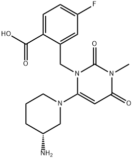 (R)-2-((6-(3-aminopiperidin-1-yl)-3-methyl-2,4-dioxo-3,4-dihydropyrimidin-1(2H)-yl)methyl)-4-fluorobenzoic acid Structure