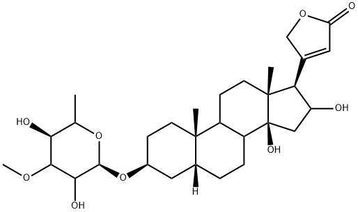 (3beta,5beta,16beta)-3-[(6-deoxy-3-O-methyl-D-galactopyranosyl)oxy]-14,16-dihydroxycard-20(22)-enolide Structure