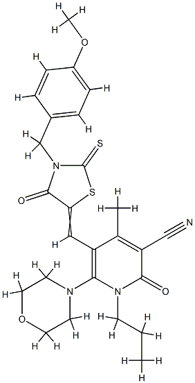 5-[[3-[(4-methoxyphenyl)methyl]-4-oxo-2-sulfanylidene-thiazolidin-5-ylidene]methyl]-4-methyl-6-morpholin-4-yl-2-oxo-1-propyl-pyridine-3-carbonitrile Structure
