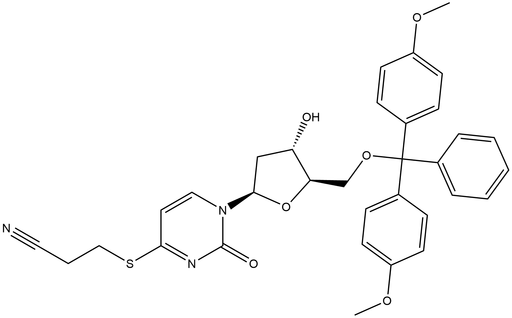 Uridine, 5'-O-[bis(4-methoxyphenyl)phenylmethyl]-4-S-(2-cyanoethyl)-2'-deoxy-4-thio- Structure