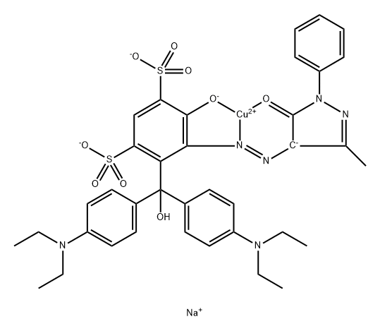 Cuprate(2-), [4-[bis[4-(diethylamino)phenyl]hydroxymethyl]-5-[(4,5-dihydro-3-methyl-5-(oxo-κO)-1-phenyl-1H-pyrazol-4-yl)azo-κN1]-6-(hydroxy-κO)-1,3-benzenedisulfonato(4-)]-, disodium Structure