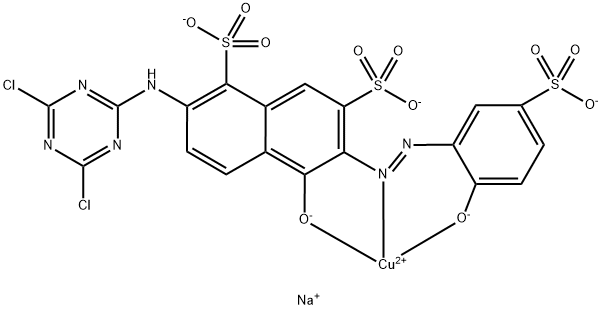 trisodium [2-[(4,6-dichloro-1,3,5-triazin-2-yl)amino]-5-hydroxy-6-[(2-hydroxy-5-sulphophenyl)azo]naphthalene-1,7-disulphonato(5-)]cuprate(3-) Structure