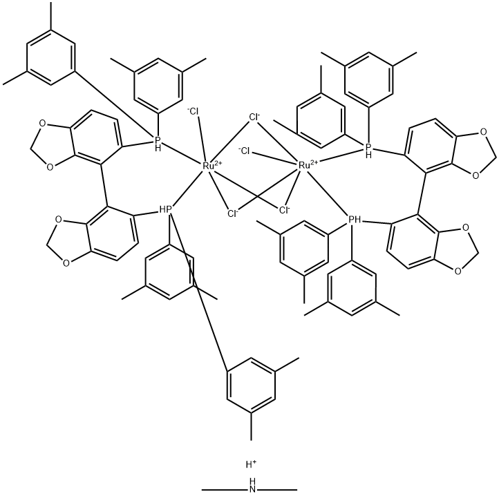 Dimethylammonium dichlorotri(chloro)bis{(R)-(+)-5,5'-bis[di(3,5-xylyl)phosphino]-4,4'-bi-1,3-benzodioxole}diruthenate(II) [NH2Me2][{RuCl((R)-dm-segphos)}2(Cl)3] Structure