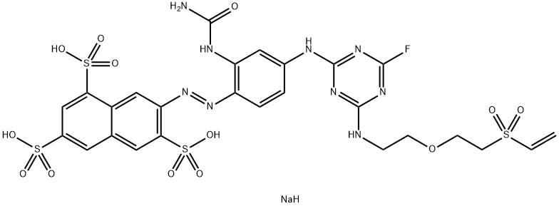 1,3,6-Naphthalenetrisulfonic acid, 7-2-(aminocarbonyl)amino-4-4-2-2-(ethenylsulfonyl)ethoxyethylamino-6-fluoro-1,3,5-triazin-2-ylaminophenylazo-, trisodium salt Structure