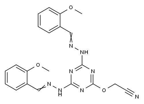 ((4,6-Bis(((2-methoxyphenyl)methylene)hydrazino)-1,3,5-triazin-2-yl)ox y)acetonitrile Structure