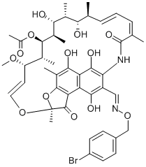 2,7-(Epoxypentadeca(1,11,13)trienimino)naphtho(2,1-b)furan-1,11(2H)-di one, 3-formyl-5,6,9,17,19,21-hexahydroxy-23-methoxy-2,4,12,16,18,20,22 -heptamethyl-, 21-acetate, O-(4-bromobenzyl)oxime Structure