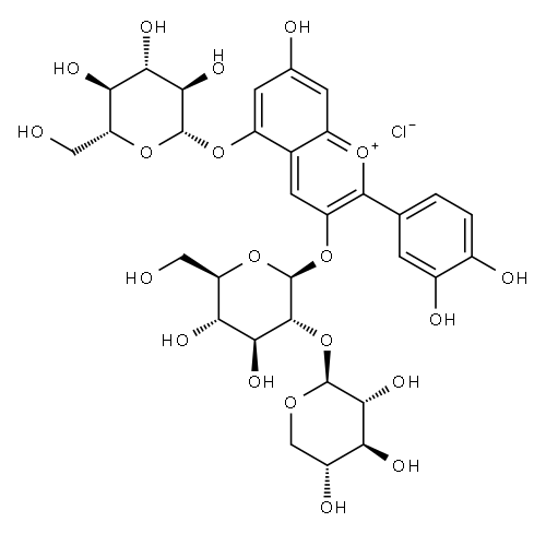 2-(3,4-Dihydroxyphenyl)-5-(beta-D-glucopyranosyloxy)-7-hydroxy-3-[(2-O-beta-D-xylopyranosyl-beta-D-glucopyranosyl)oxy]-1-benzopyrylium chloride Structure