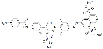 3-[[4-[[6-[(4-Aminobenzoyl)amino]-1-hydroxy-3-sulfo-2-naphtyl]azo]-3,5-dimethylphenyl]azo]-1,5-naphthalenedisulfonic acid trisodium salt Structure