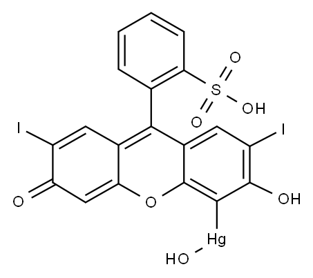 Hydroxy[(3',6'-dihydroxy-2',7'-diiodospiro[3H-2,1-benzoxathiole-3,9'-[9H]xanthene]-1,1-dioxide)-4'-yl]mercury(II) salt Structure