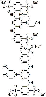hexasodium 2-[[4-(bis(2-hydroxyethyl)amino)-6-[[4-[(E)-2-[4-[[4-(bis(2 -hydroxyethyl)amino)-6-[(2,5-disulfonatophenyl)amino]-1,3,5-triazin-2- yl]amino]-2-sulfonato-phenyl]ethenyl]-3-sulfonato-phenyl]amino]-1,3,5- triazin-2-yl]amino]benzene-1,4-disulfonate Structure