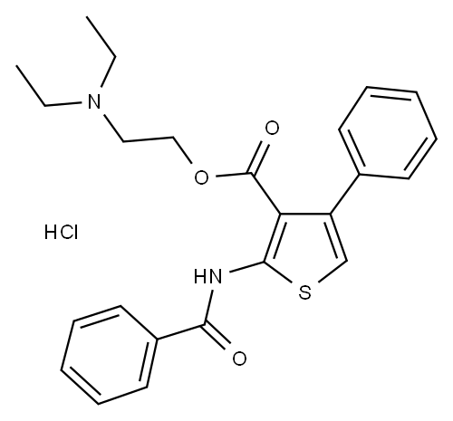 3-Thiophenecarboxylic acid, 2-(benzoylamino)-4-phenyl-, 2-(diethylamin o)ethyl ester, monohydrochloride Structure