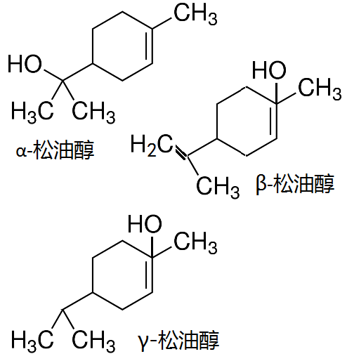 松油醇α，β，γ三种异构体的化学结构式