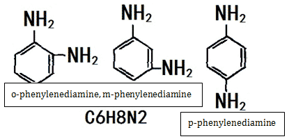  the chemical structure of three isomers of phenylenediamine: o-phenylenediamine, m-phenylenediamine, p-phenylenediamine.