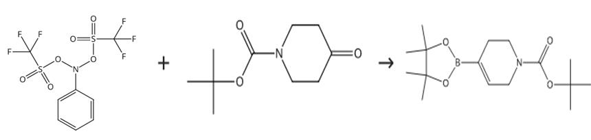图2 N-Boc-1，2， 5，6-四氢吡啶-4-硼酸频哪醇酯的合成路线[2]。