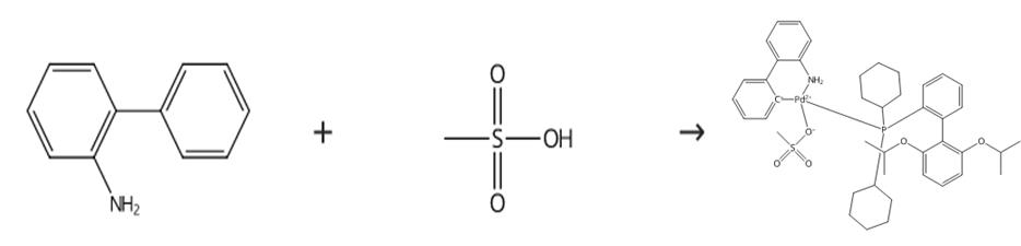 图2 甲磺酸(2-二环己基膦基-2'，6'- 二异丙氧基-1，1'-联苯基)(2-氨基-1，1'-联苯-2-基)钯(II)的合成路线。