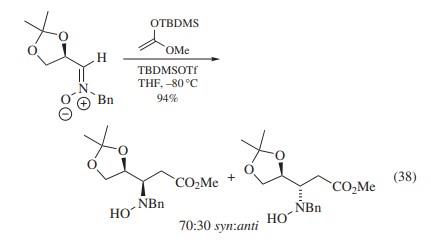 O-甲基- O-叔丁基二甲基硅酮缩醛在TBDMS三氟酯存在时与相同的硝酮发生同步选择性加成(方程38)。.jpg